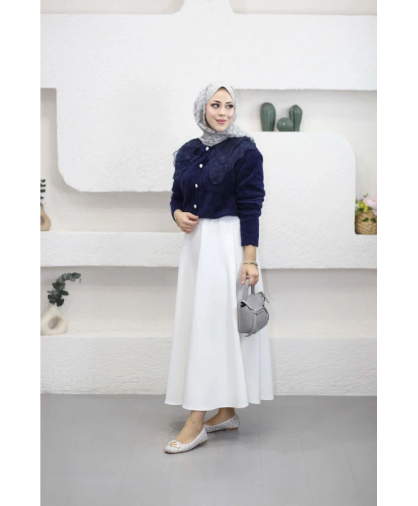 Dantel Yaka Angora Hırka - Lacivert