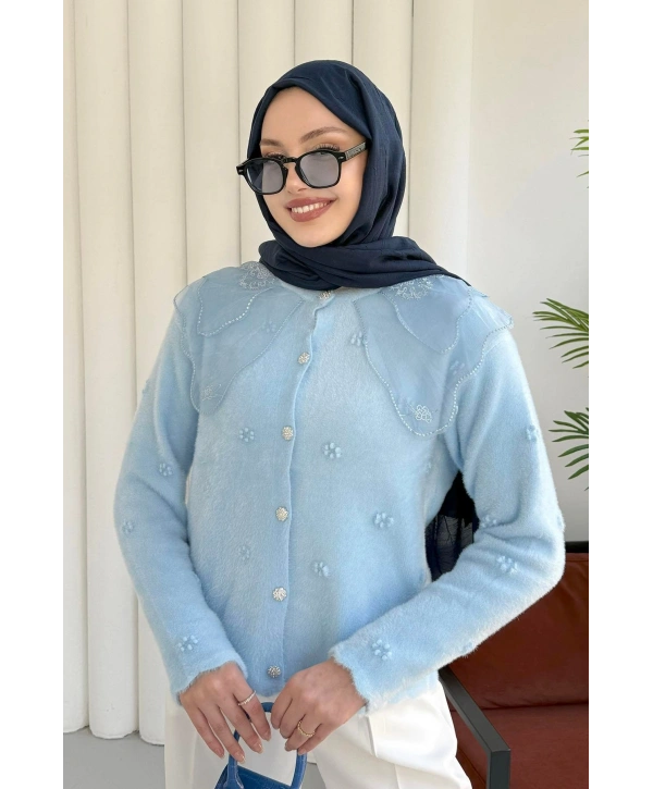 Dantel Yaka Angora Hırka - Mavi