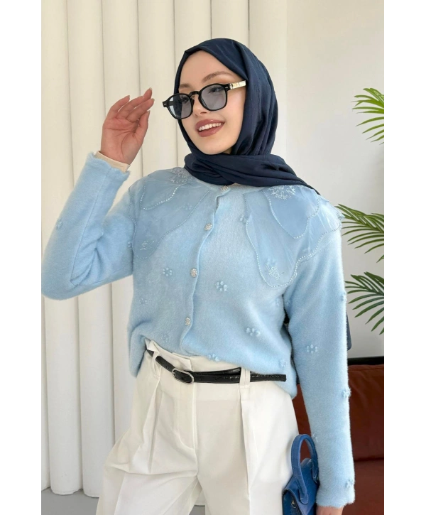Dantel Yaka Angora Hırka - Mavi