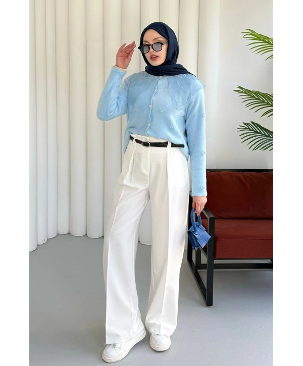 Dantel Yaka Angora Hırka - Mavi