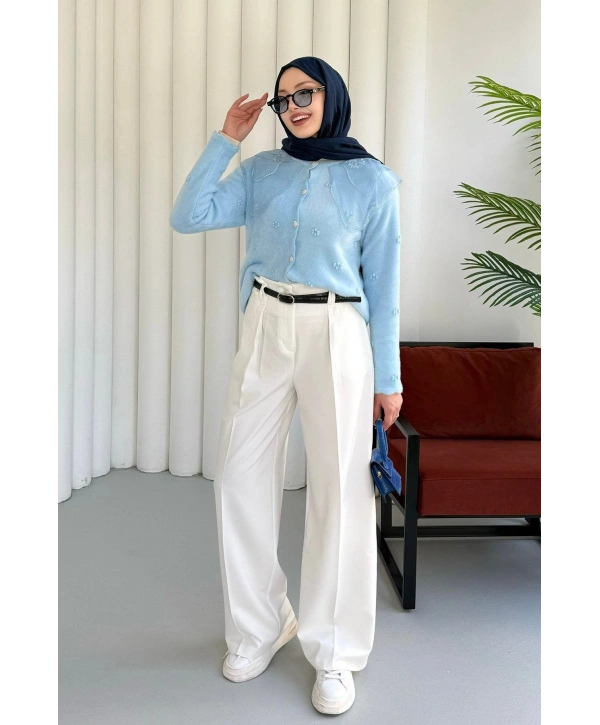 Dantel Yaka Angora Hırka - Mavi