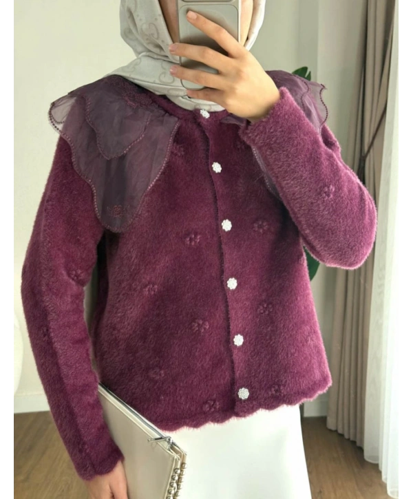 Dantel Yaka Angora Hırka - Mürdüm