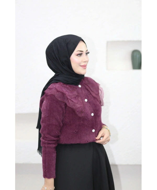 Dantel Yaka Angora Hırka - Mürdüm