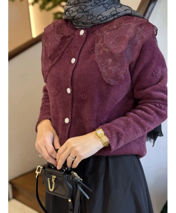 Dantel Yaka Angora Hırka - Mürdüm