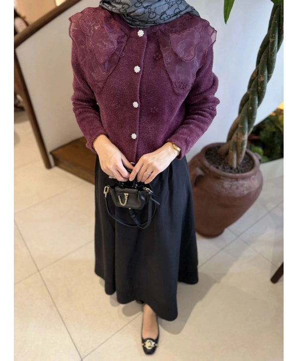 Dantel Yaka Angora Hırka - Mürdüm