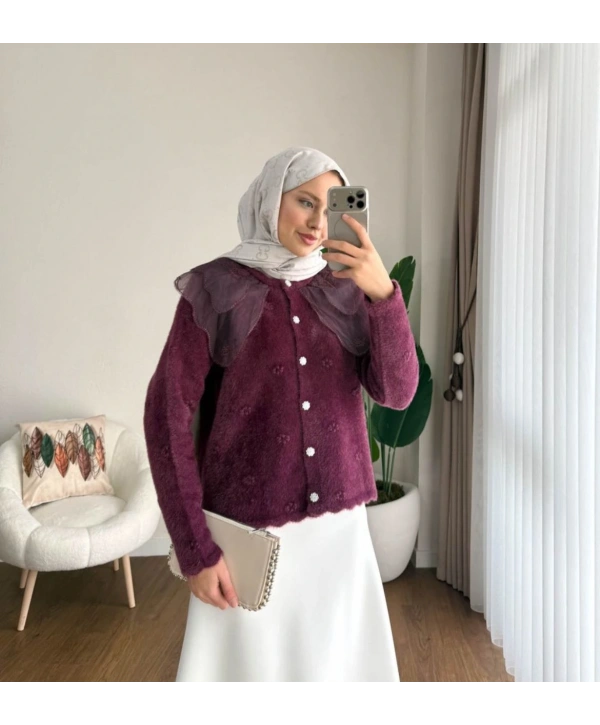 Dantel Yaka Angora Hırka - Mürdüm