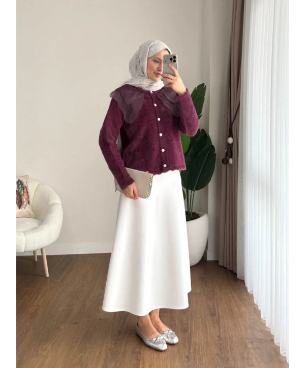 Dantel Yaka Angora Hırka - Mürdüm