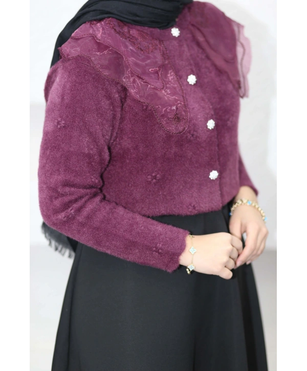 Dantel Yaka Angora Hırka - Mürdüm