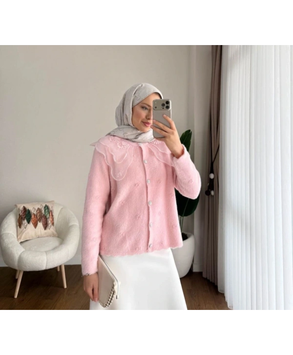 Dantel Yaka Angora Hırka - Pembe