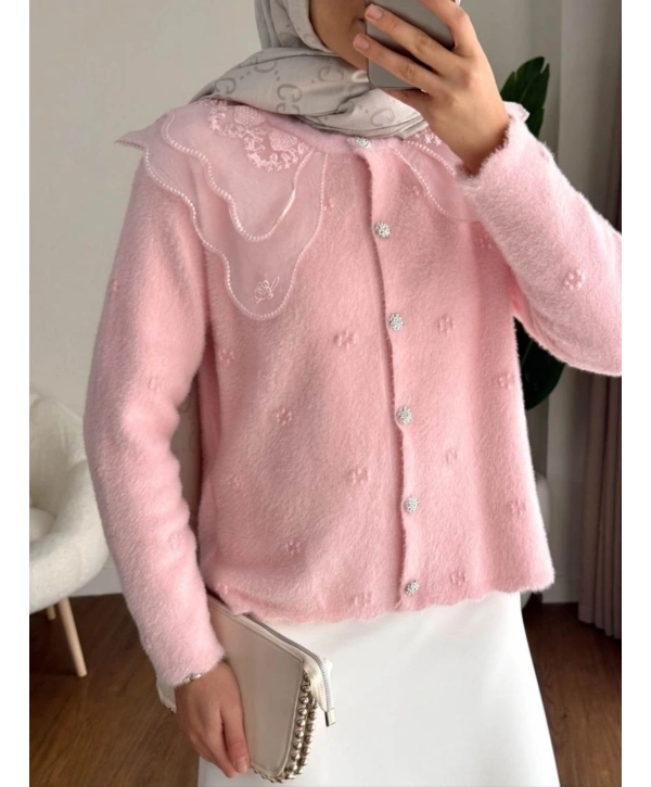Dantel Yaka Angora Hırka - Pembe