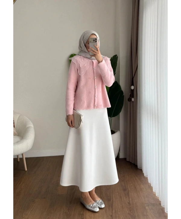 Dantel Yaka Angora Hırka - Pembe