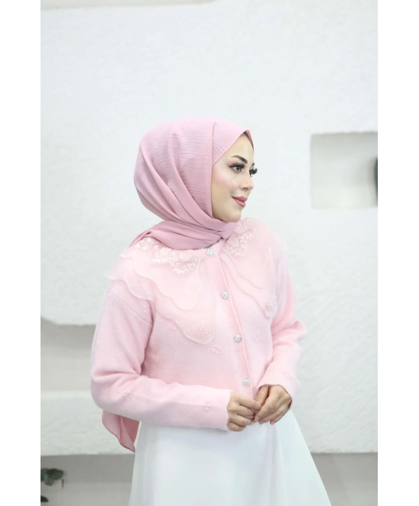 Dantel Yaka Angora Hırka - Pembe
