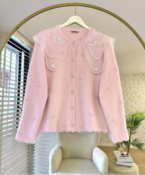 Dantel Yaka Angora Hırka - Pembe