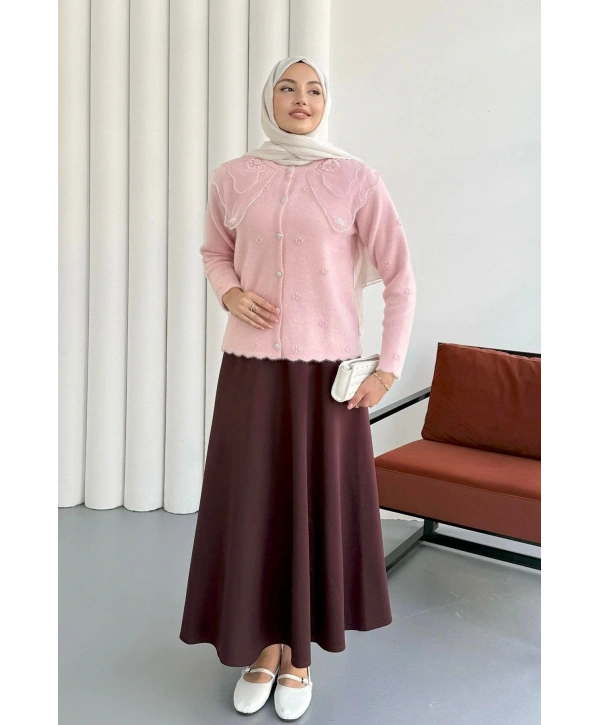 Dantel Yaka Angora Hırka - Pembe