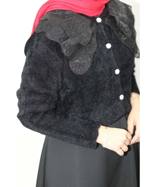 Dantel Yaka Angora Hırka - Siyah