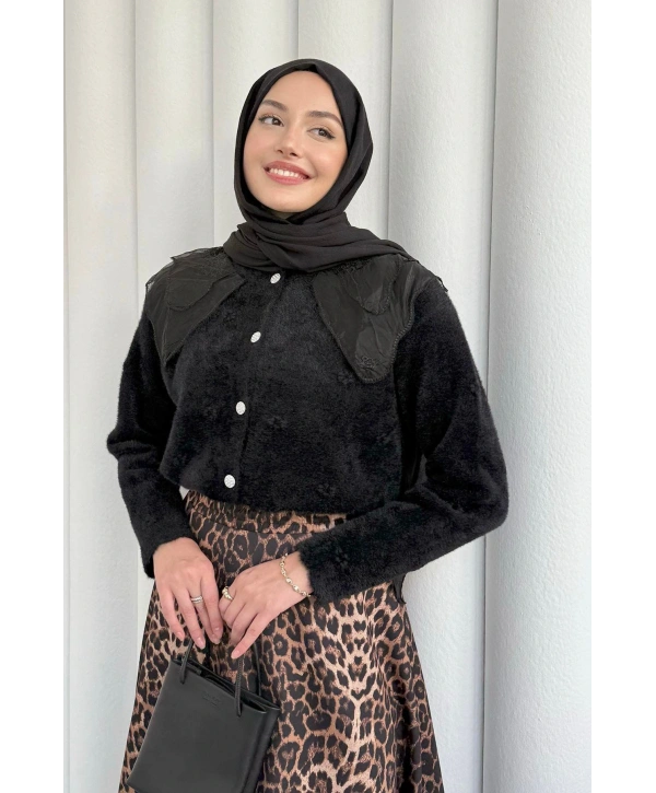 Dantel Yaka Angora Hırka - Siyah