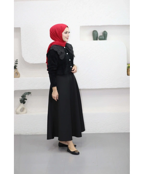 Dantel Yaka Angora Hırka - Siyah