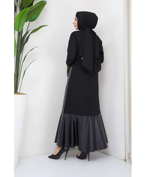 DERİ DETAYLI ŞIK ELBİSE