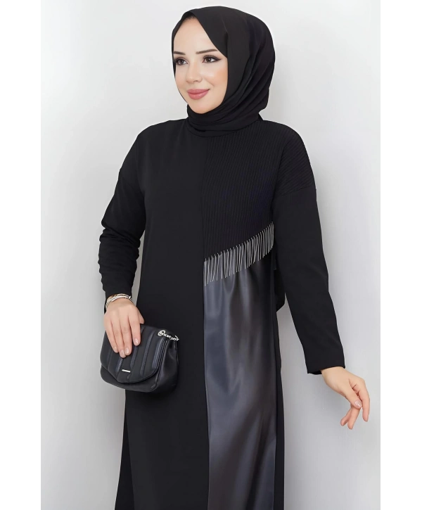 DERİ DETAYLI ŞIK ELBİSE