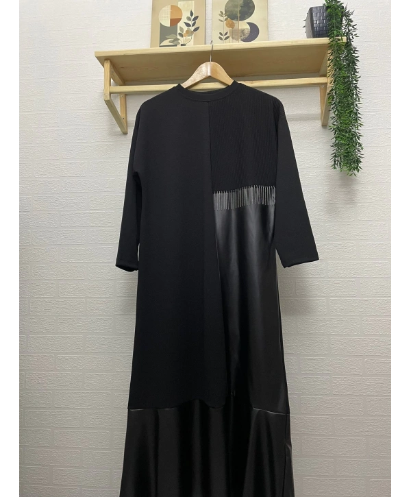 DERİ DETAYLI ŞIK ELBİSE