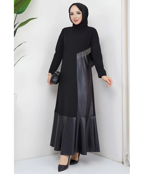 DERİ DETAYLI ŞIK ELBİSE