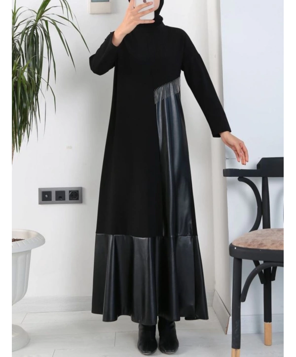 DERİ DETAYLI ŞIK ELBİSE