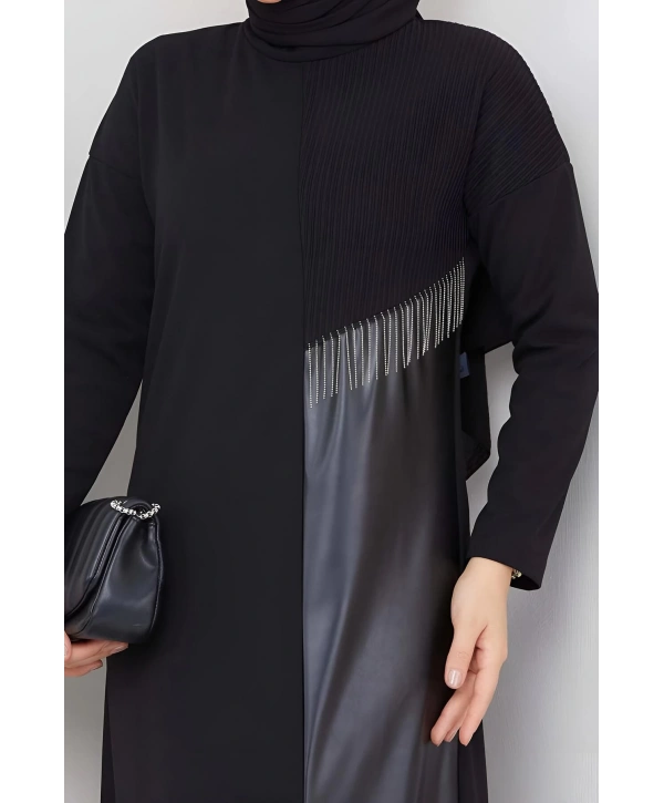 DERİ DETAYLI ŞIK ELBİSE