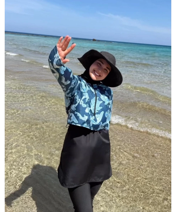 Dijital Baskılı Tesettür Mayo - Mavi