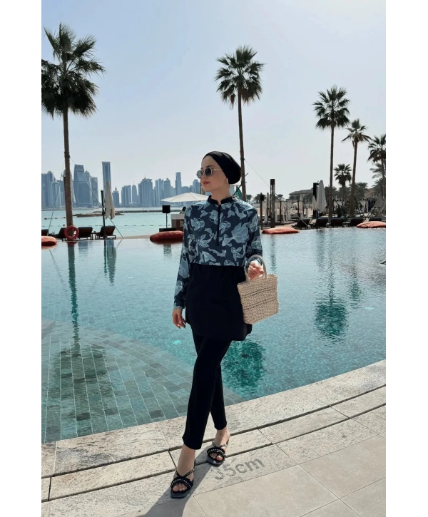 Dijital Baskılı Tesettür Mayo - Mavi