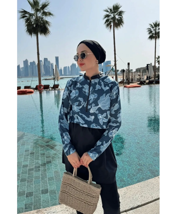 Dijital Baskılı Tesettür Mayo - Mavi