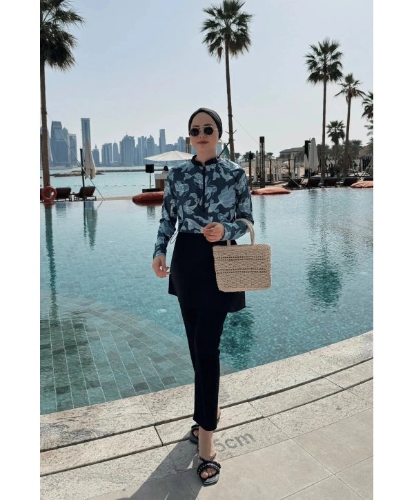 Dijital Baskılı Tesettür Mayo - Mavi