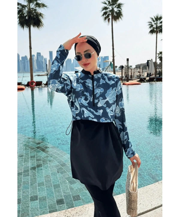 Dijital Baskılı Tesettür Mayo - Mavi