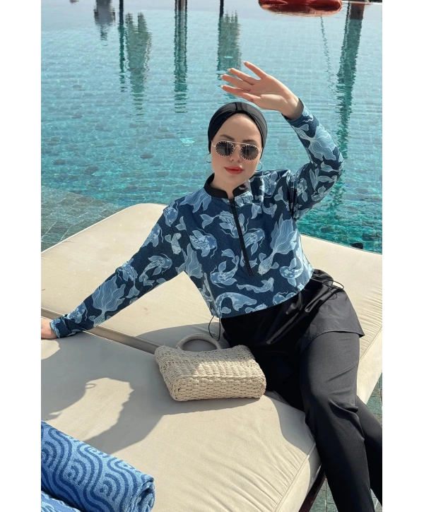 Dijital Baskılı Tesettür Mayo - Mavi