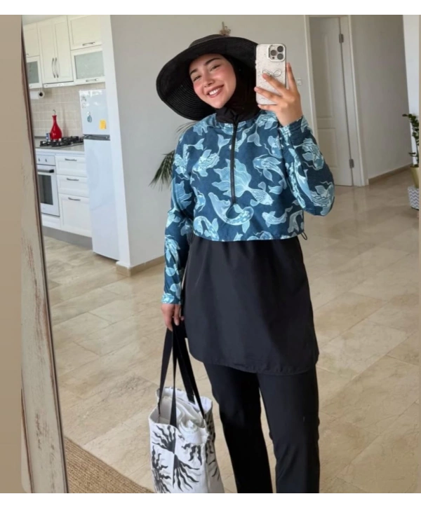 Dijital Baskılı Tesettür Mayo - Mavi