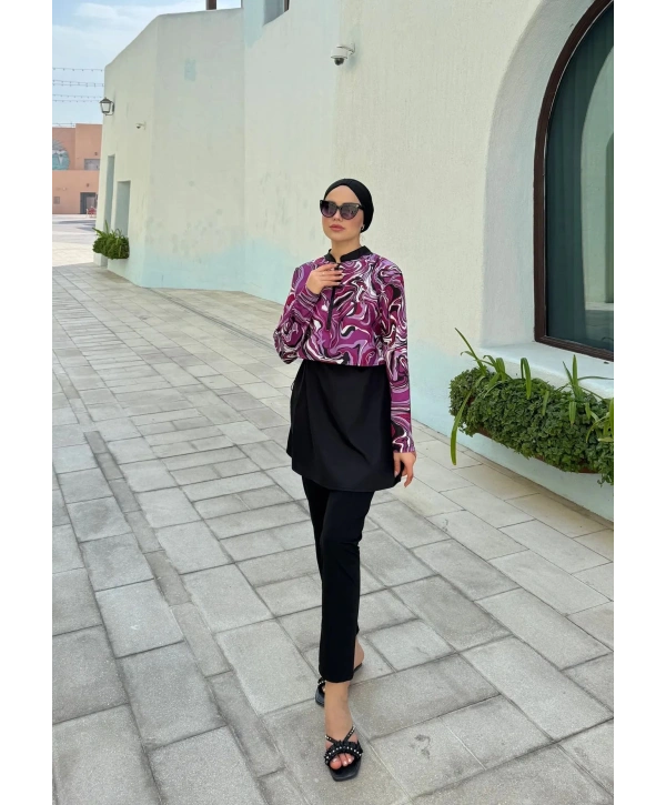 Dijital Baskılı Tesettür Mayo - Mor