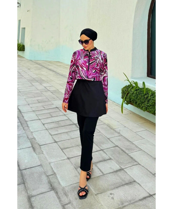 Dijital Baskılı Tesettür Mayo - Mor