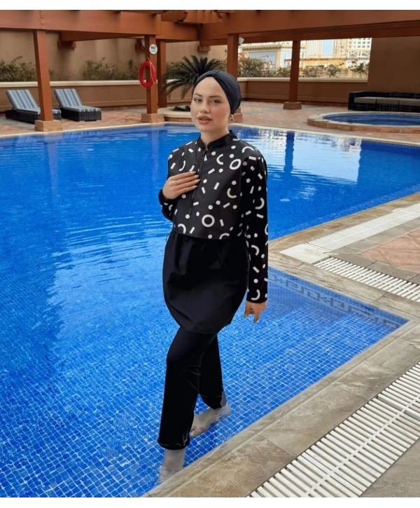 Dijital Baskılı Tesettür Mayo - Siyah