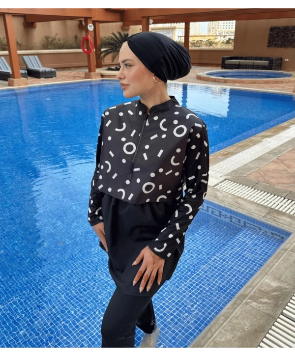 Dijital Baskılı Tesettür Mayo - Siyah