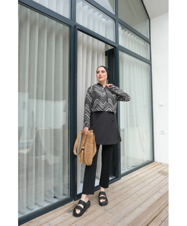 Dijital Baskılı Tesettür Mayo - Siyah Beyaz