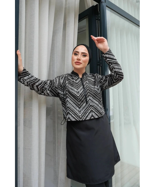 Dijital Baskılı Tesettür Mayo - Siyah Beyaz