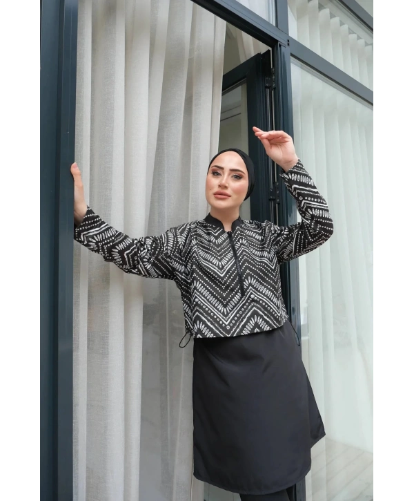 Dijital Baskılı Tesettür Mayo - Siyah Beyaz