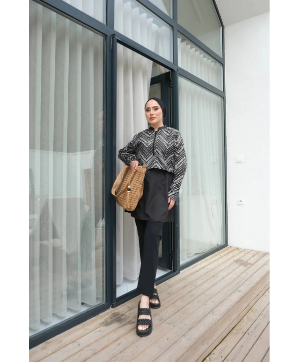 Dijital Baskılı Tesettür Mayo - Siyah Beyaz