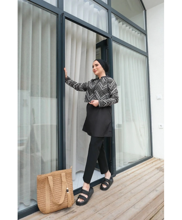 Dijital Baskılı Tesettür Mayo - Siyah Beyaz