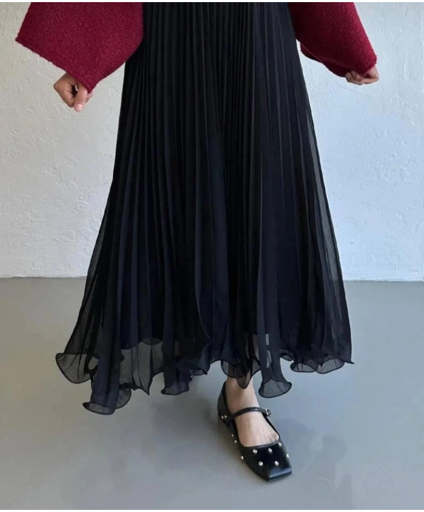 Etek Ucu Misinalı Piliseli Şifon Etek