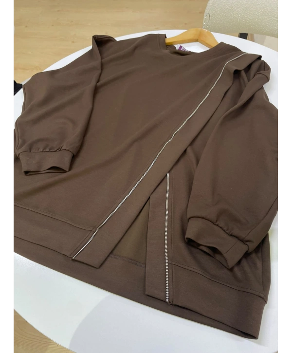 Fermuarlı Viral Sweat - Kahverengi