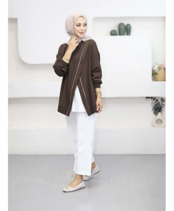 Fermuarlı Viral Sweat - Kahverengi