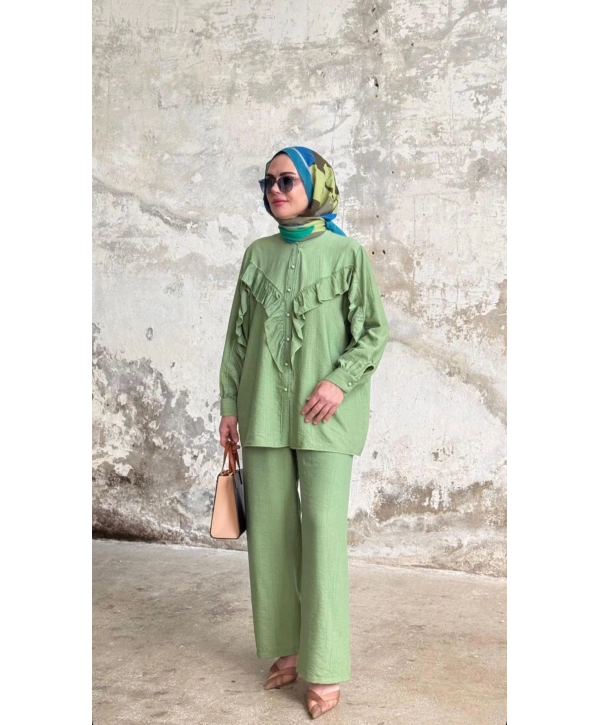 Fırfırlı İkili Pantolonlu Takım - Yeşil