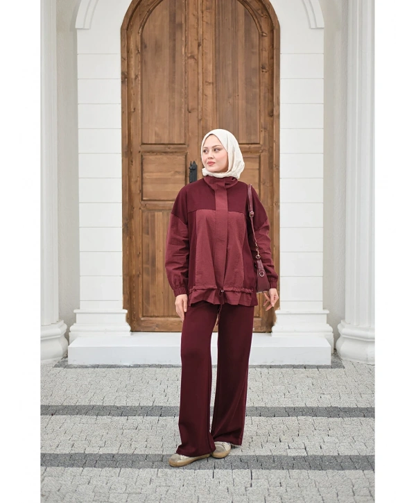 Garni Detaylı Bağcıklı Takım - Bordo