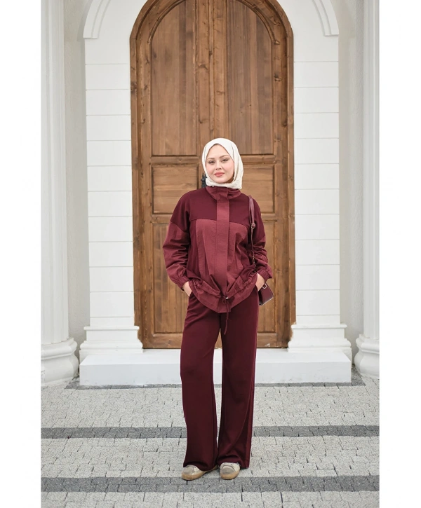 Garni Detaylı Bağcıklı Takım - Bordo