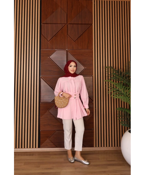 Geniş Kemerli Poplin Gömlek - Pembe